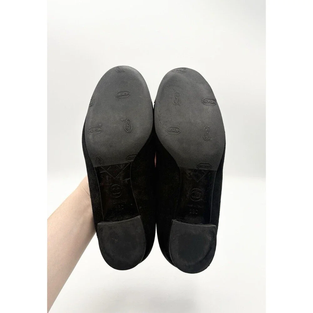 Chanel Black Suede Low Block Heels w CC Logo Cap Toe Accent Size EU 36